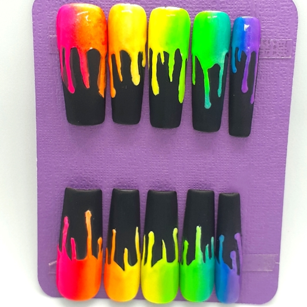 Black Rainbow Paint Drip Press on Nails